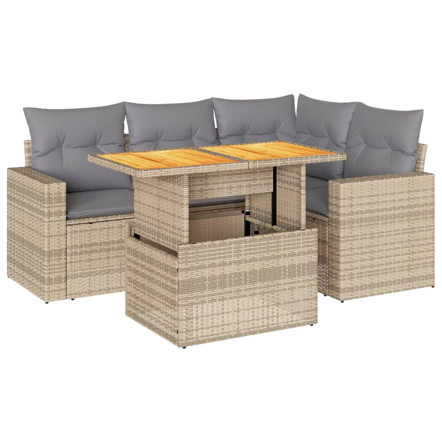 5-delige Loungeset met kussens poly rattan beige