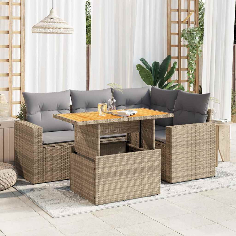 5-delige Loungeset met kussens poly rattan beige