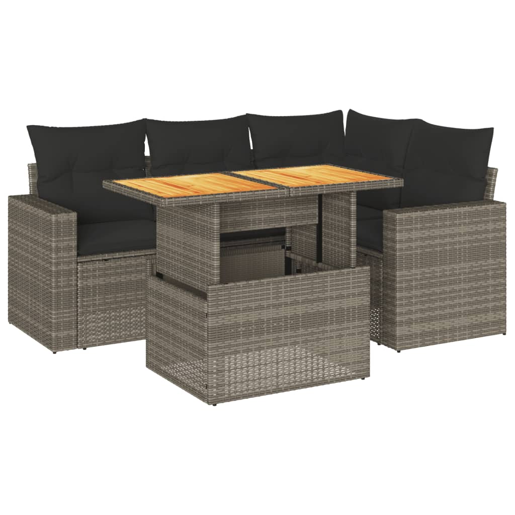 5-delige Loungeset met kussens poly rattan grijs
