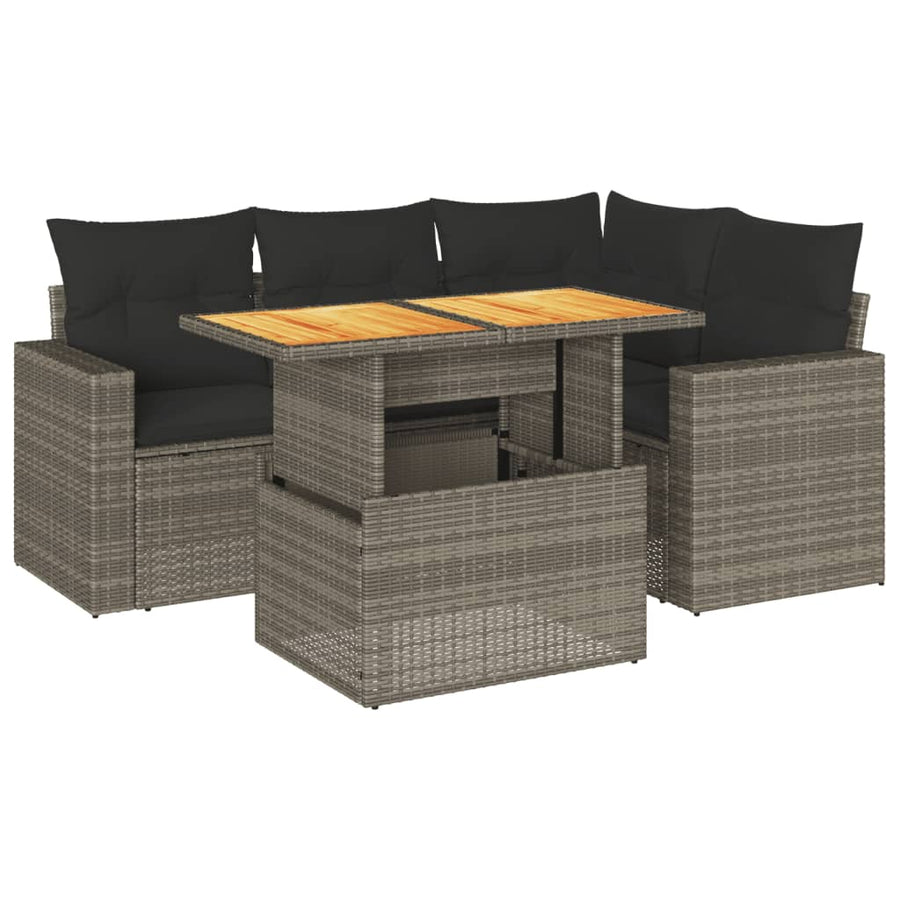 5-delige Loungeset met kussens poly rattan grijs