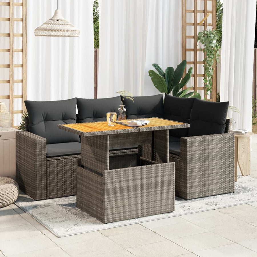 5-delige Loungeset met kussens poly rattan grijs