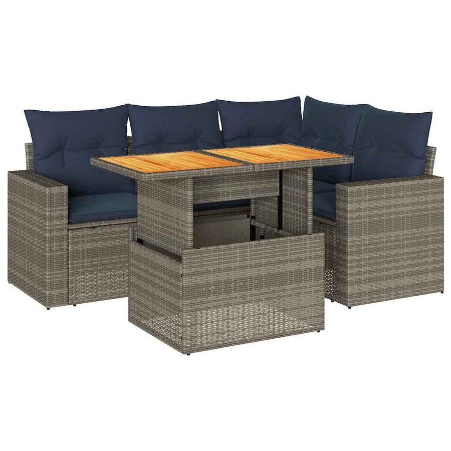 5-delige Loungeset met kussens poly rattan grijs