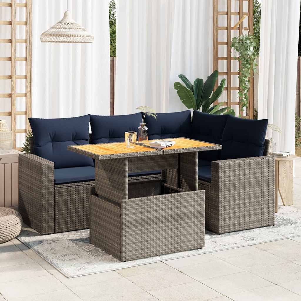 5-delige Loungeset met kussens poly rattan grijs