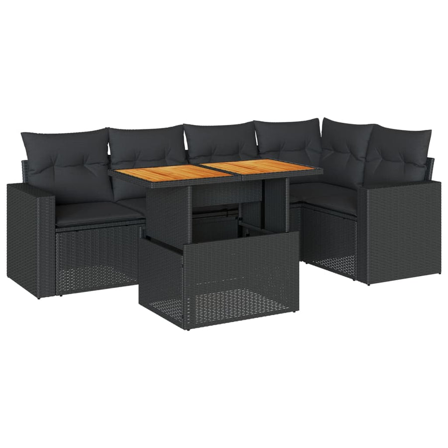 6-delige Loungeset met kussens poly rattan zwart