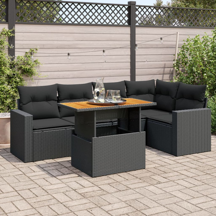 6-delige Loungeset met kussens poly rattan zwart