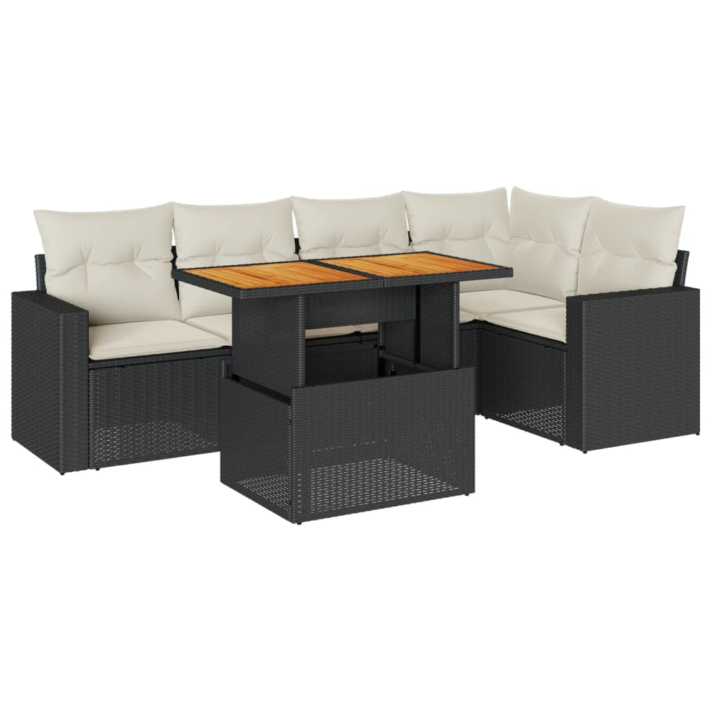 6-delige Loungeset met kussens poly rattan zwart