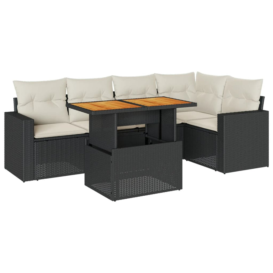 6-delige Loungeset met kussens poly rattan zwart
