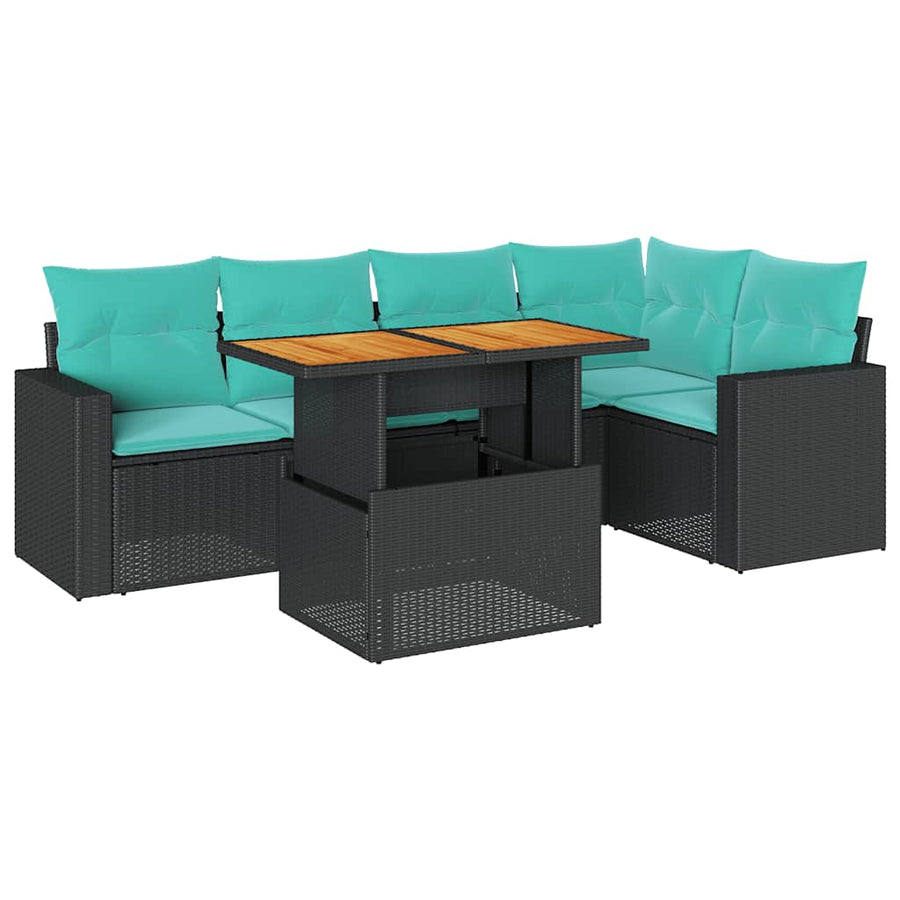 6-delige Loungeset met kussens poly rattan zwart