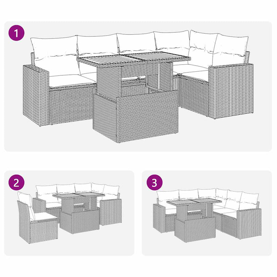 6-delige Loungeset met kussens poly rattan zwart