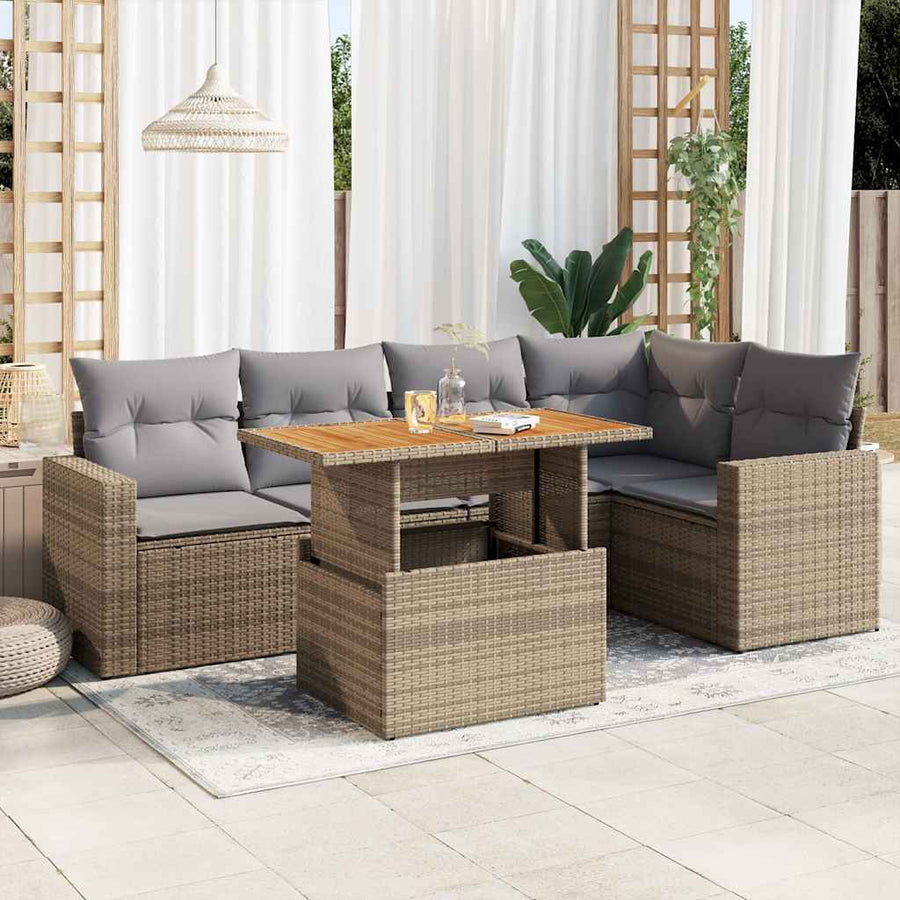 6-delige Loungeset met kussens poly rattan beige