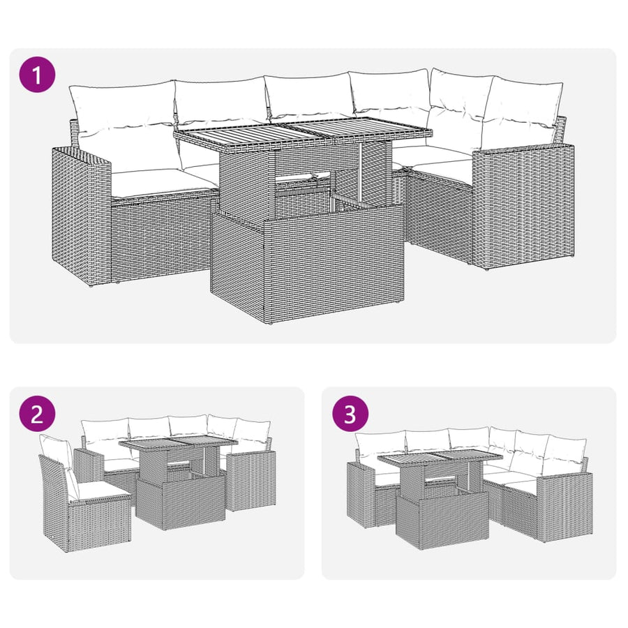 6-delige Loungeset met kussens poly rattan grijs