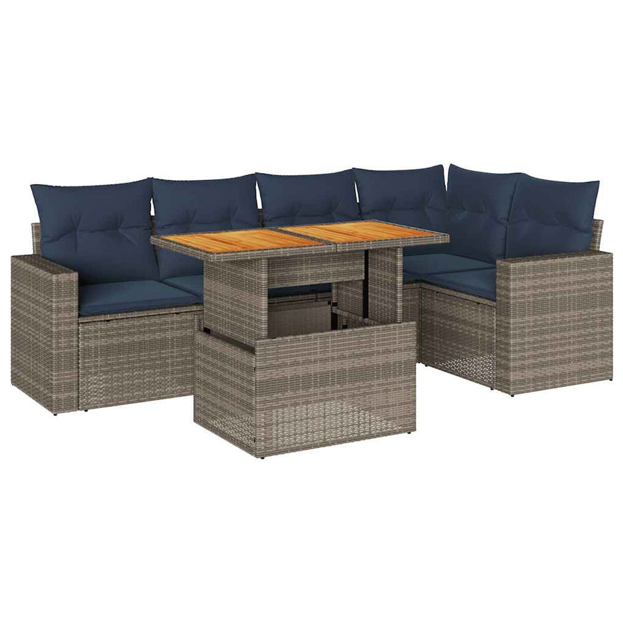 6-delige Loungeset met kussens poly rattan grijs