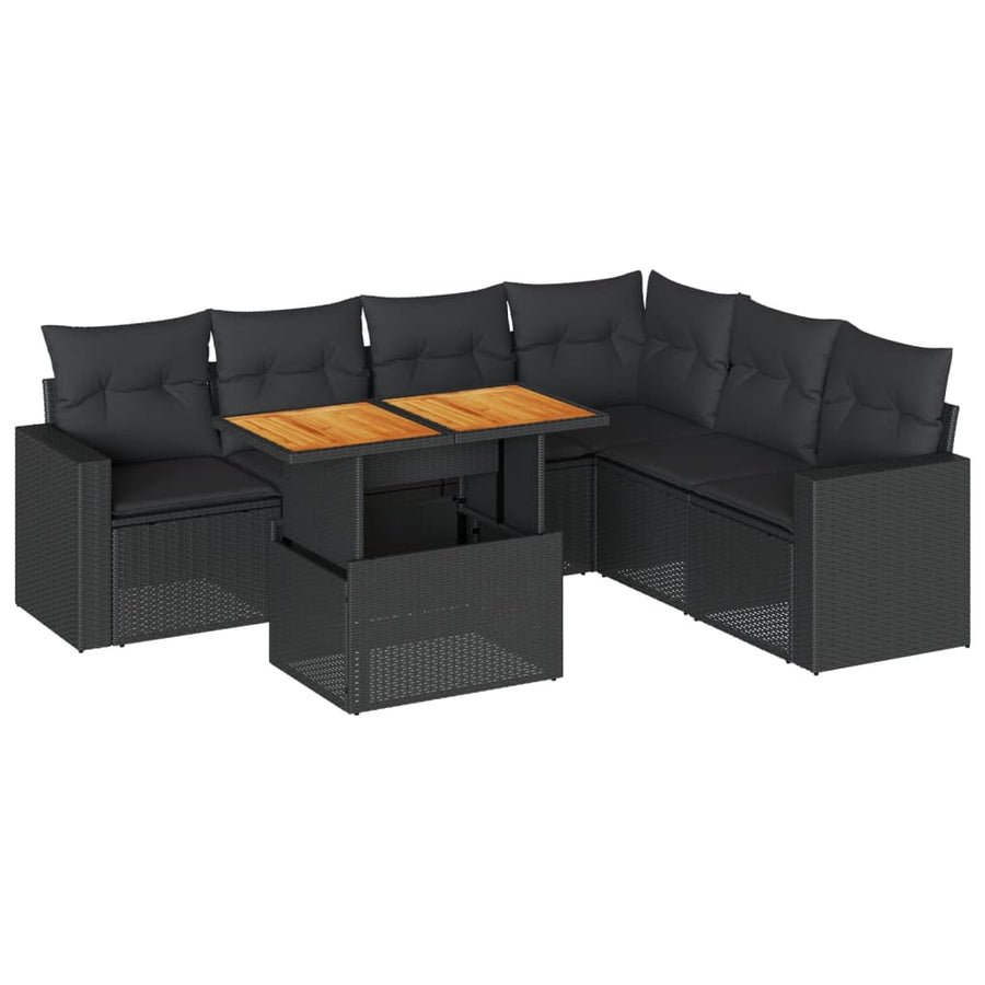 7-delige Loungeset met kussens poly rattan zwart