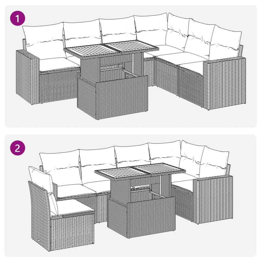 7-delige Loungeset met kussens poly rattan zwart