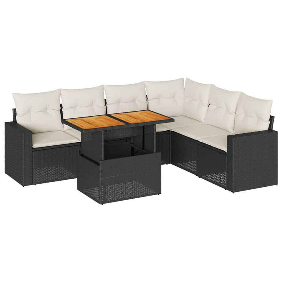 7-delige Loungeset met kussens poly rattan zwart