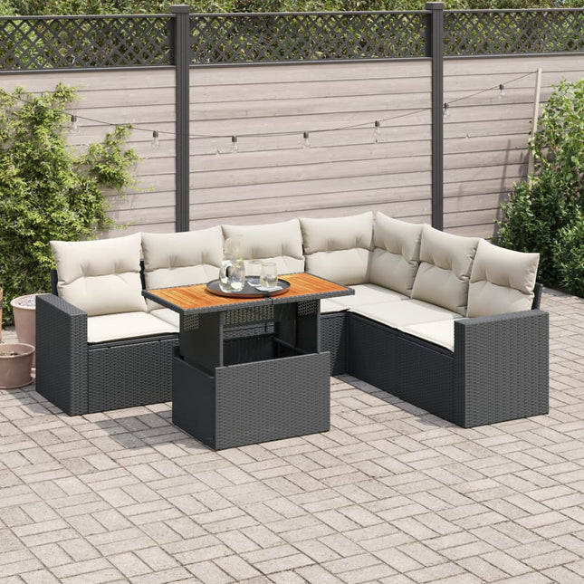 7-delige Loungeset met kussens poly rattan zwart