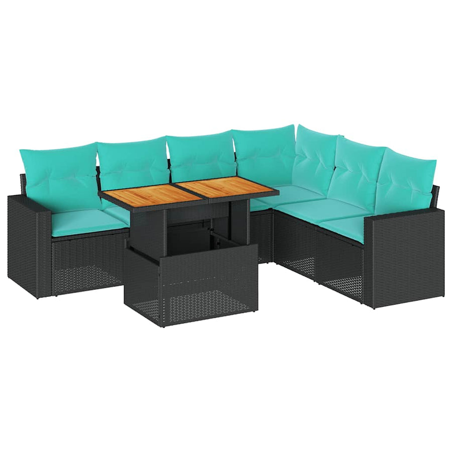 7-delige Loungeset met kussens poly rattan zwart