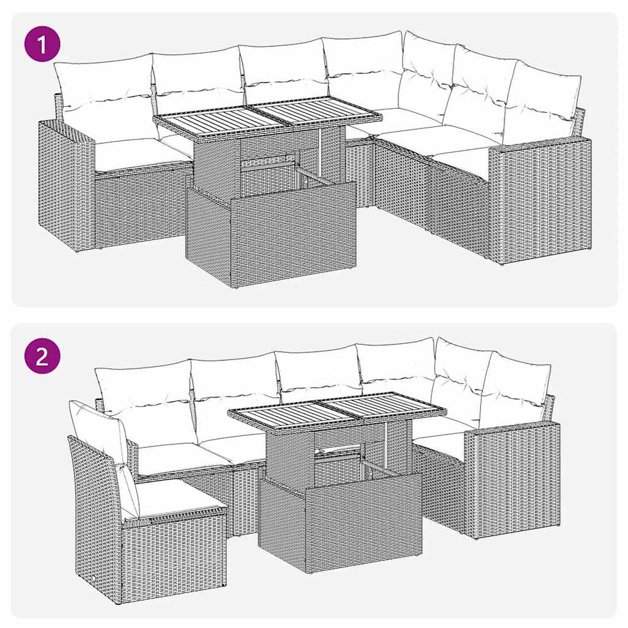 7-delige Loungeset met kussens poly rattan zwart
