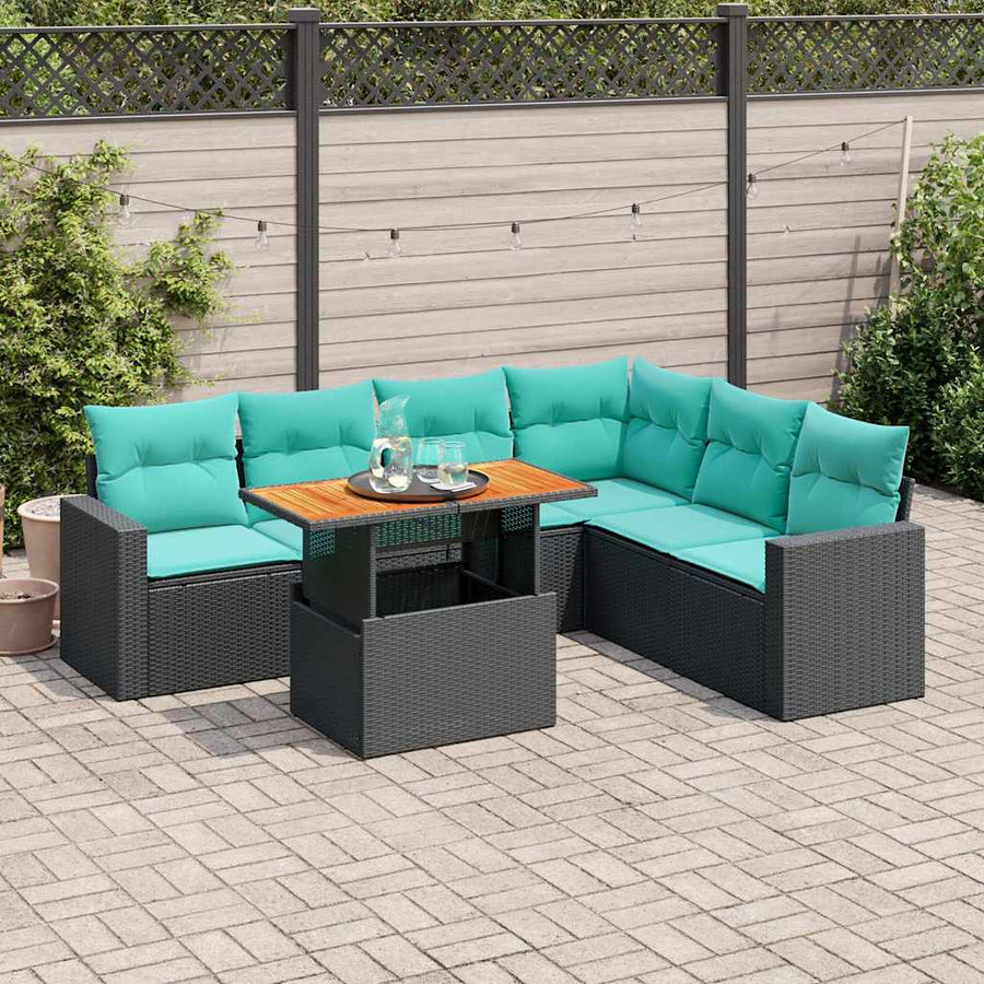 7-delige Loungeset met kussens poly rattan zwart