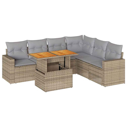 7-delige Loungeset met kussens poly rattan beige