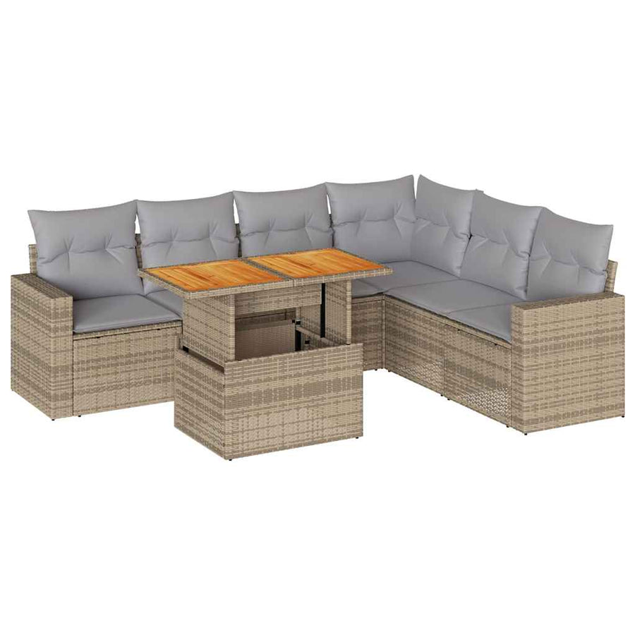 7-delige Loungeset met kussens poly rattan beige
