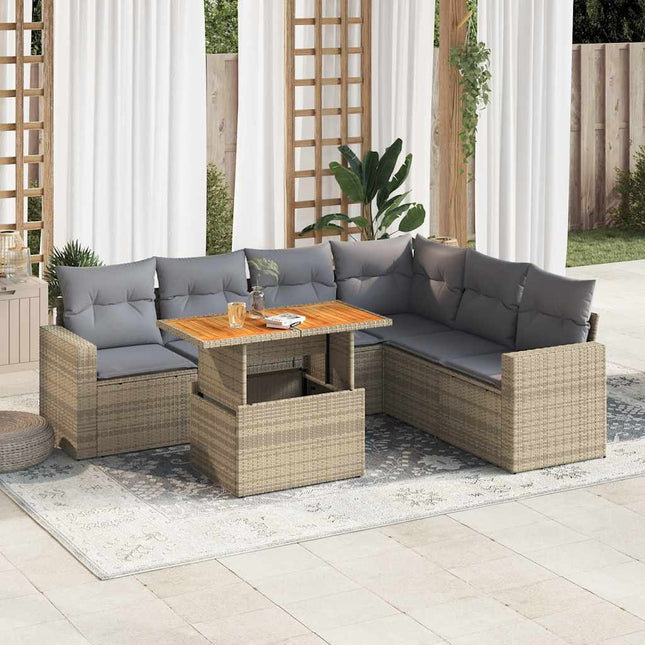 7-delige Loungeset met kussens poly rattan beige