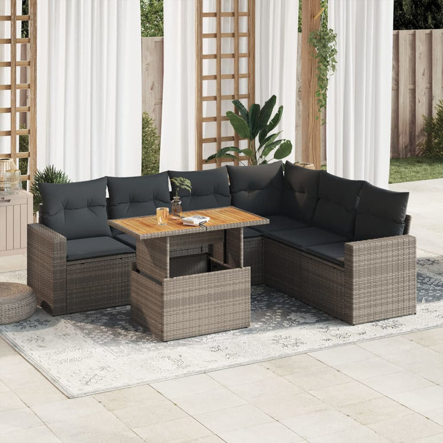 7-delige Loungeset met kussens poly rattan grijs