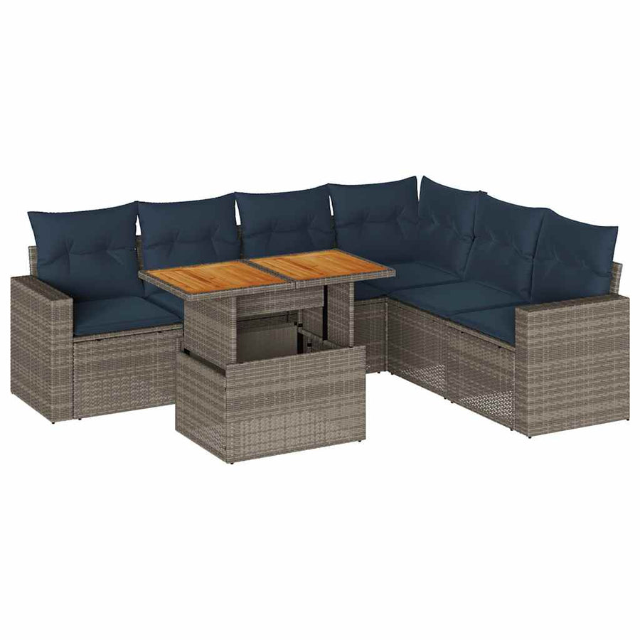 7-delige Loungeset met kussens poly rattan grijs