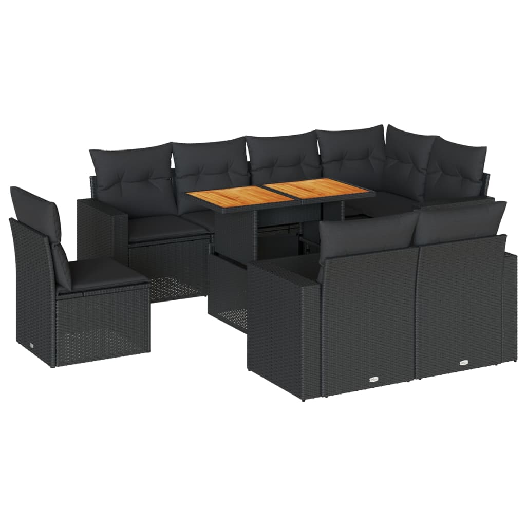 9-delige Loungeset met kussens poly rattan zwart