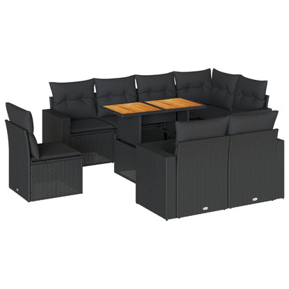 9-delige Loungeset met kussens poly rattan zwart