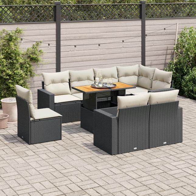 9-delige Loungeset met kussens poly rattan zwart