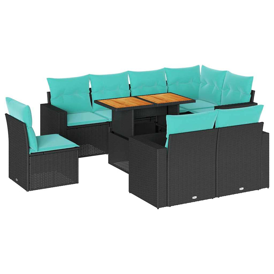 9-delige Loungeset met kussens poly rattan zwart