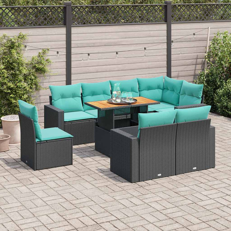 9-delige Loungeset met kussens poly rattan zwart
