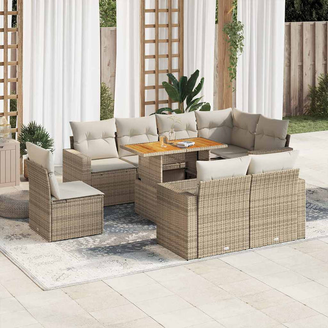 9-delige Loungeset met kussens poly rattan beige