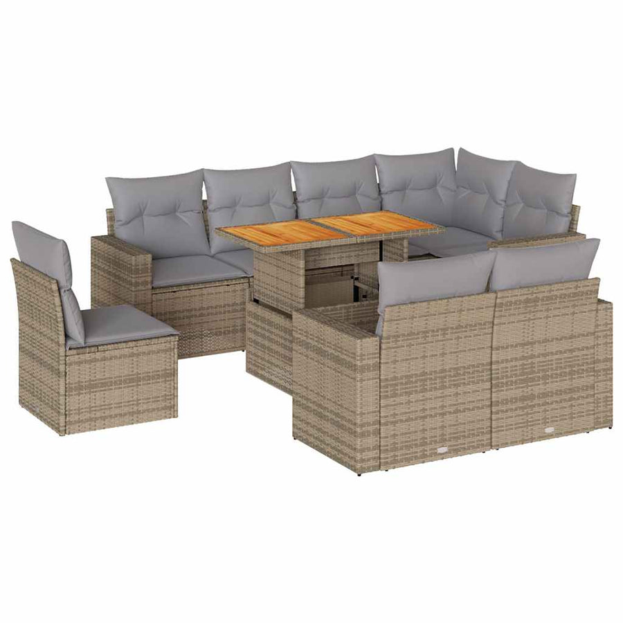 9-delige Loungeset met kussens poly rattan beige