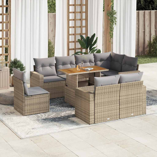 9-delige Loungeset met kussens poly rattan beige