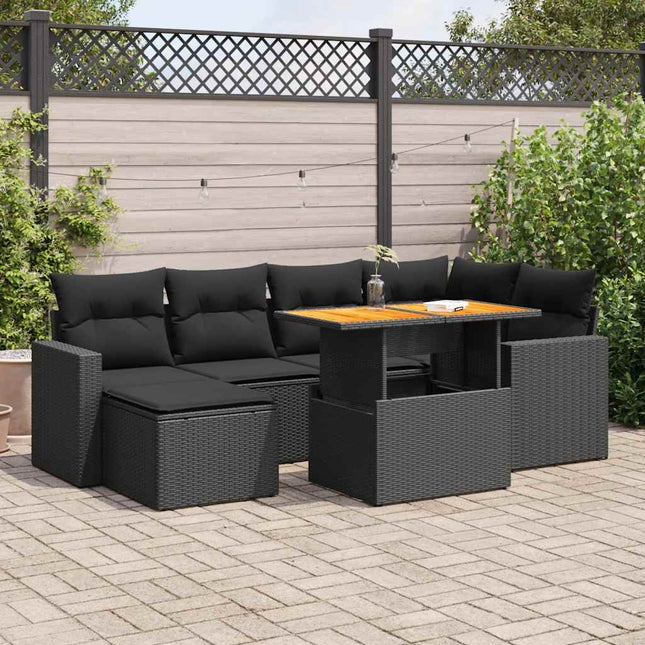 7-delige Loungeset met kussens poly rattan zwart