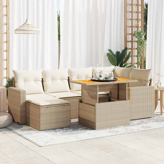 7-delige Loungeset met kussens poly rattan beige