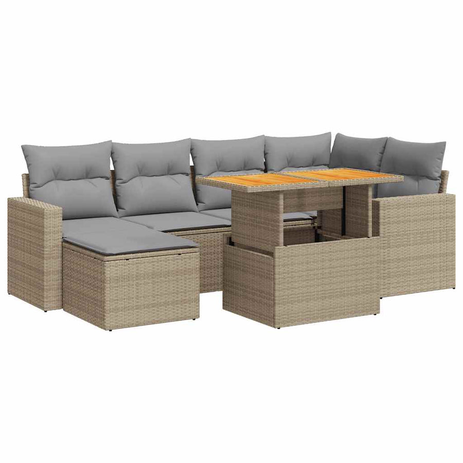 7-delige Loungeset met kussens poly rattan beige