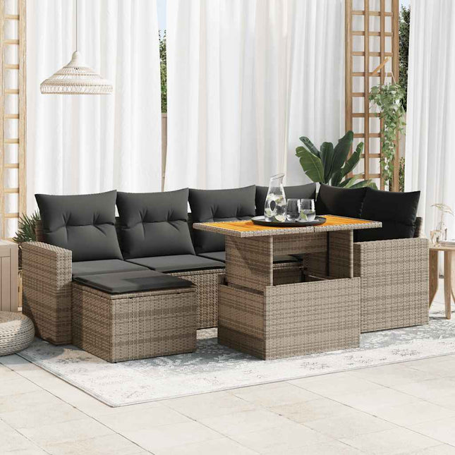 7-delige Loungeset met kussens poly rattan grijs