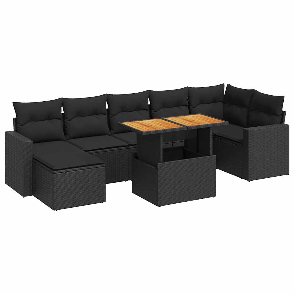 8-delige Loungeset met kussens poly rattan zwart