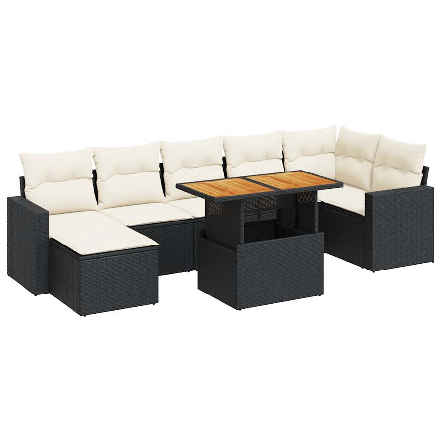 8-delige Loungeset met kussens poly rattan zwart