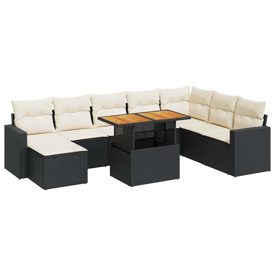 9-delige Loungeset met kussens poly rattan zwart