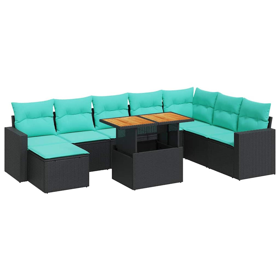 9-delige Loungeset met kussens poly rattan zwart