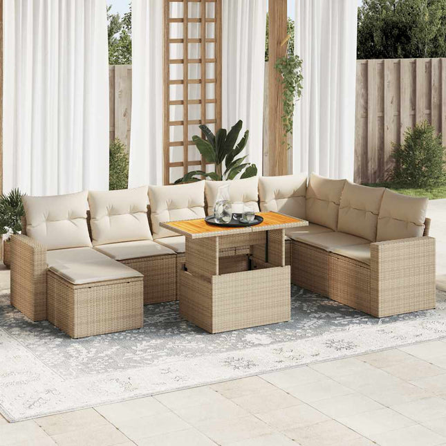 9-delige Loungeset met kussens poly rattan beige