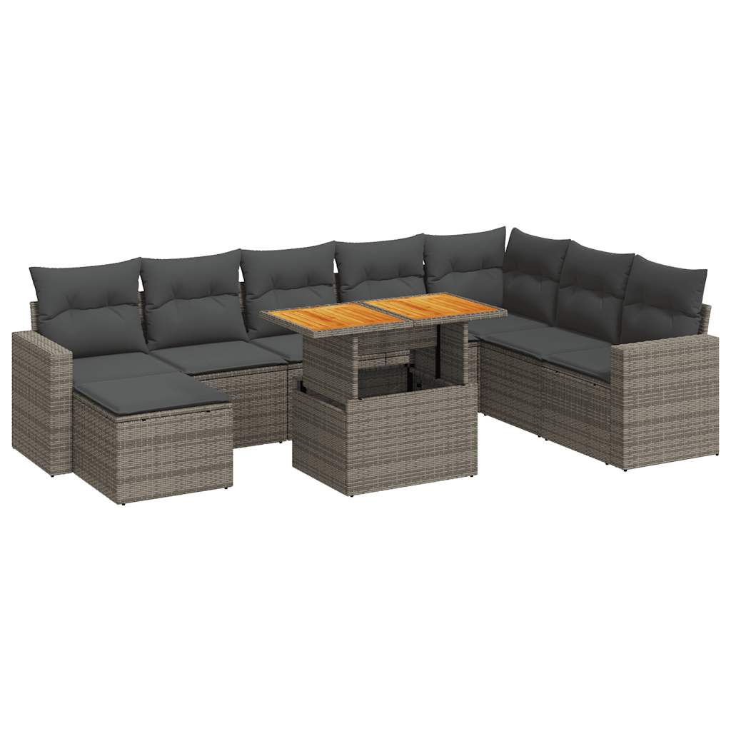 9-delige Loungeset met kussens poly rattan grijs
