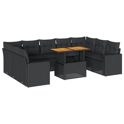 10-delige Loungeset met kussens poly rattan zwart