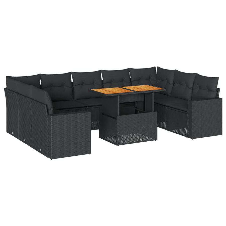 10-delige Loungeset met kussens poly rattan zwart