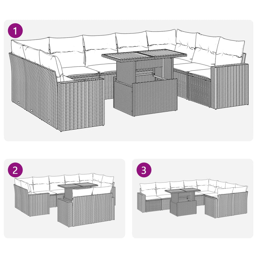 10-delige Loungeset met kussens poly rattan zwart