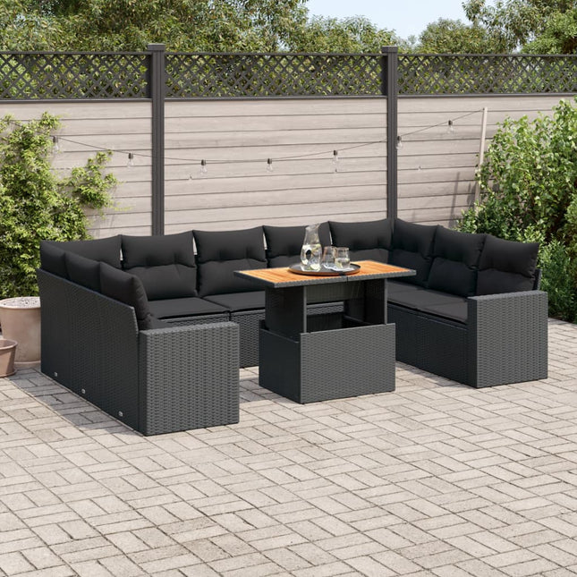 10-delige Loungeset met kussens poly rattan zwart